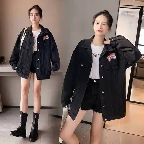 2022早春韩版宽松复古bf印花黑色牛仔外套女上衣派克服