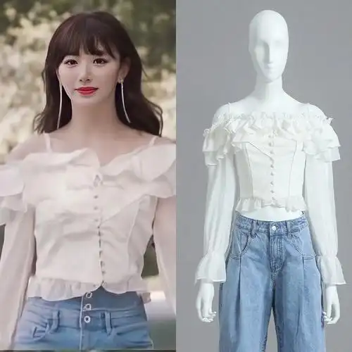 孔雪儿同款一字肩甜美雪纺上衣