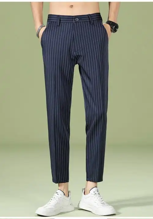 冰丝裤子男韩版潮流夏季休闲九分小西裤男士垂感条纹西装裤藏青色292