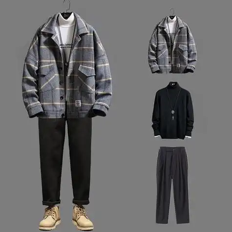 冬季毛呢套装男三件套呢子外套一套搭配高领毛衣ins加绒西裤男装