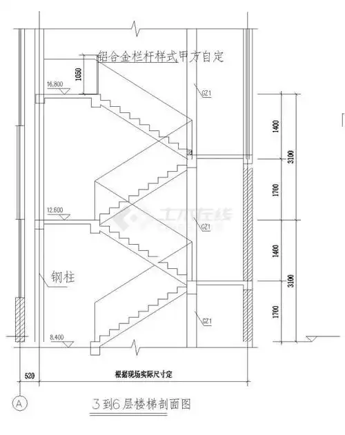本工程为室内钢结构楼梯结构施工设计图,包含立面图,平面图,节点图