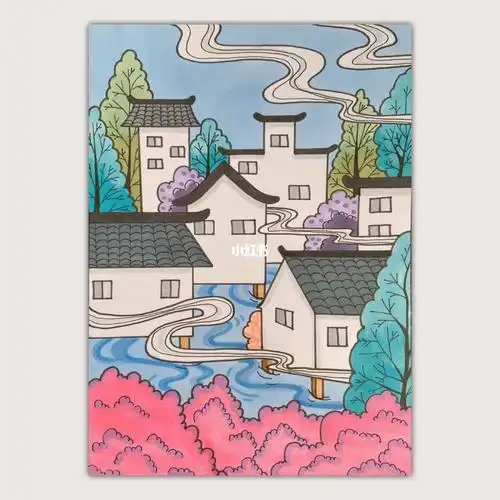 雾天小镇古城古镇徽派建筑儿童画简笔画儿创儿童画建筑简笔画古镇