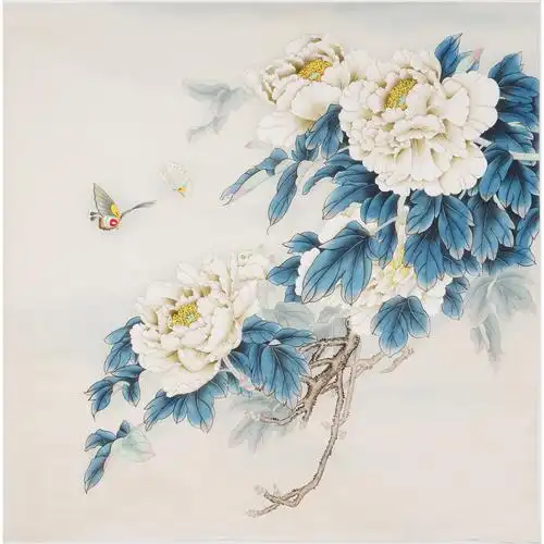 国画无款提款花鸟手绘工笔画精品牡丹蝴蝶斗方国画