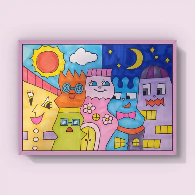 房子楼房儿童画简单小龄儿创白天黑夜简笔画 美术宝 快乐的房子家族