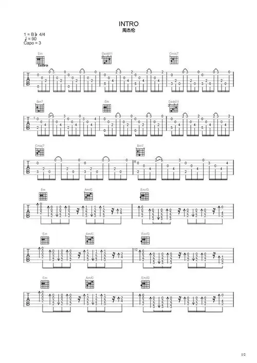 intro吉他谱-指弹谱-c调-虫虫吉他