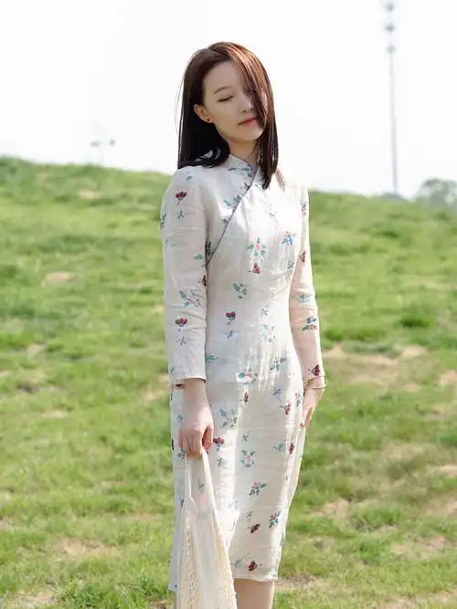 8521qdc050清芳前世今生复古温婉中式花色立领苎麻旗袍