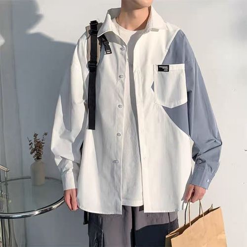 男士拼接衬衫春秋潮流百搭休闲长袖衬衣学生港风日系帅气寸衫外穿