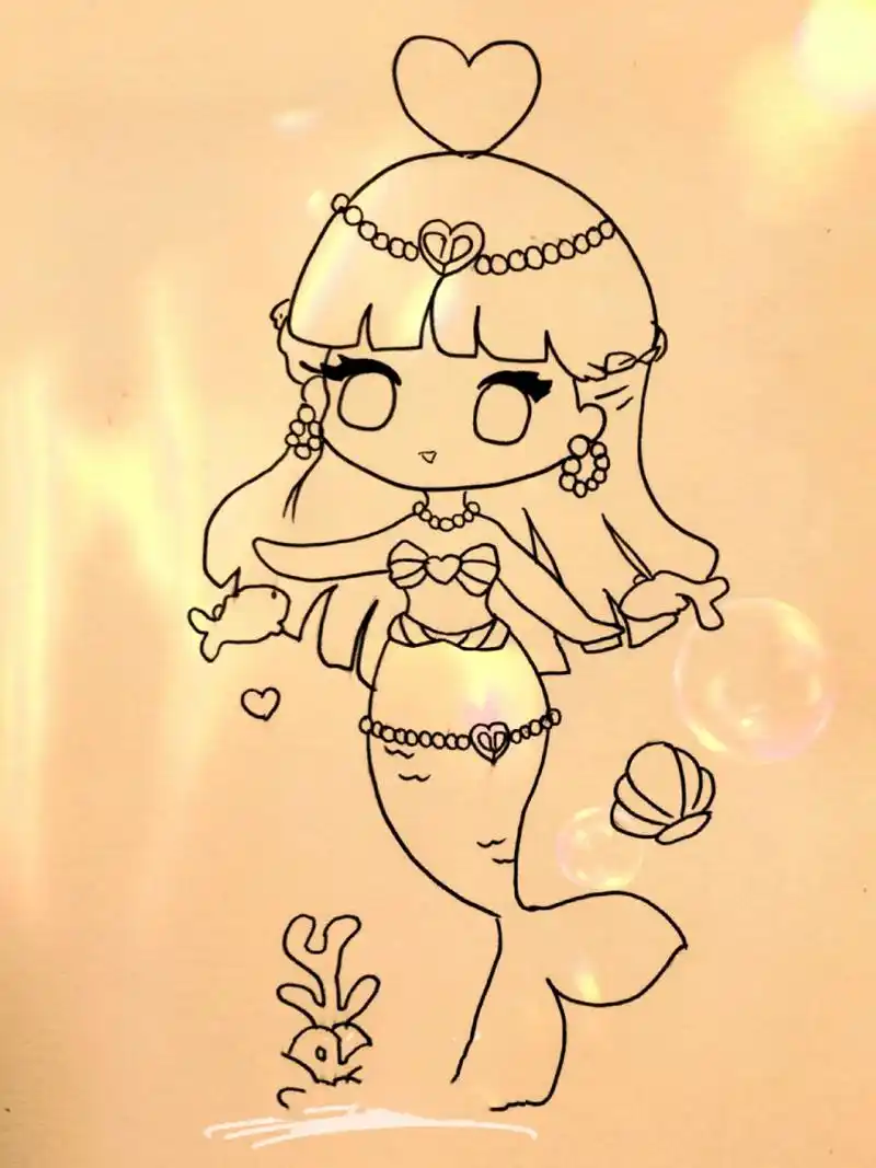 美人鱼黑白简笔画#绘画教程81(附过程) 卡通动漫美人鱼手绘简笔画74