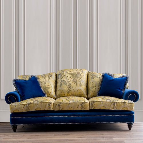 圣奇尼威斯汀美式丝绒丝绸提花布艺羽绒软坐三人沙发贵族蓝宫廷黄