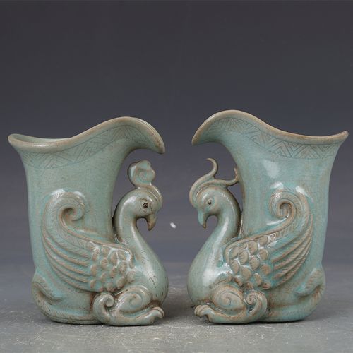 摆件宋汝窑粉青釉鸳鸯杯一对仿古瓷器古董古玩宋瓷五大名窑收藏