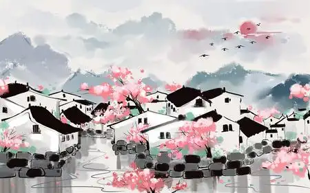 手绘江南水乡风景原创插画