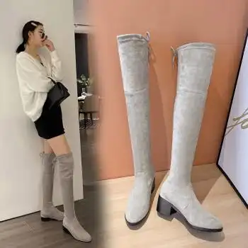 靴2022秋粗跟高筒靴女弹力加绒冬款内增高瘦瘦袜靴大腿靴长筒靴子女