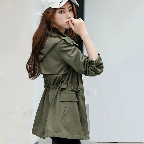 suntek短款外套女春季新款2021韩版百搭军绿色收腰夹克休闲小个子风衣