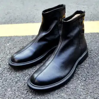 马丁单牛皮男靴春秋季男士马丁靴春秋男真皮休闲鞋拉链短筒中帮牛皮半