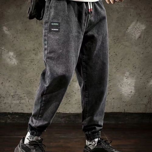 定途春夏萝卜裤男松紧腰大码哈伦裤牛仔裤男士宽松大码束脚哈伦裤2023