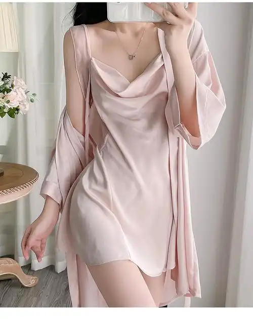 春夏季薄款新款女士带胸垫吊带睡裙蕾丝性感冰丝两件套睡衣 - 17网