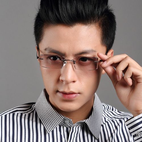 钻石切边眼镜纯钛无框眼镜近视眼睛架渐变色加膜平光镜男宽大脸