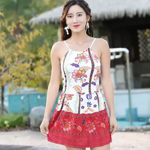 吊带连体游泳衣女露背印花带胸垫女士泳衣温泉泳装大人