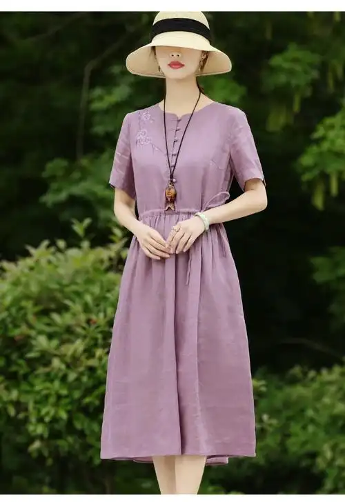 素订棉麻女装官方素素杭州中国风刺绣亚麻连衣裙女2022夏复古阔太太