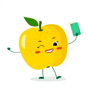 可爱的黄色苹果卡通人物与智能手机和做自拍.矢量插图, 平面样式照片