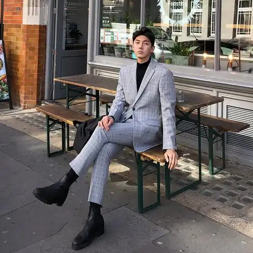 格子西装暴徒男韩版潮流雅痞西服外套男士修身西服