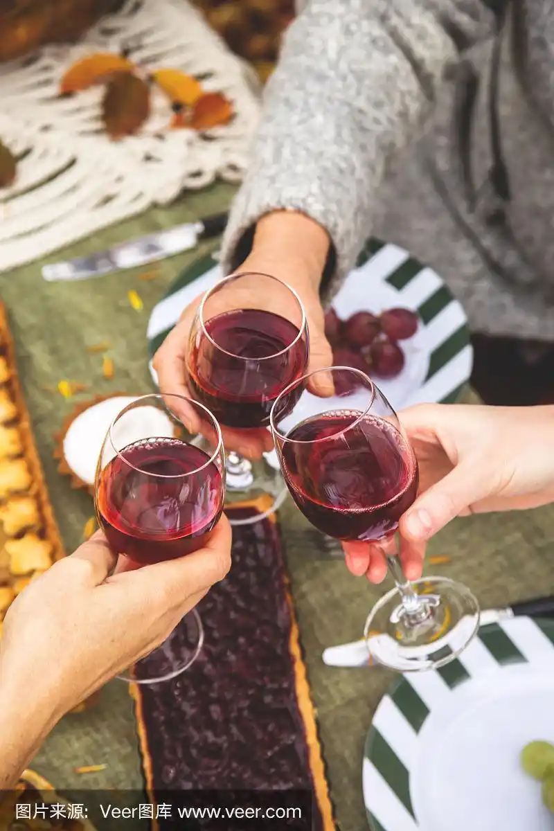 在秋天的家庭晚宴上,女人们碰杯喝酒.