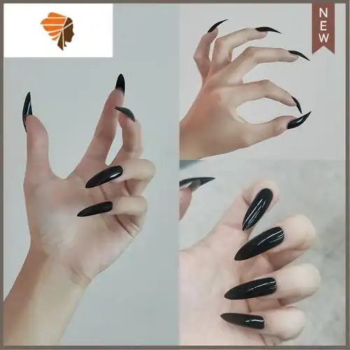 欧美长尖艺术穿戴美甲甲片超长个性假指甲贴片演出三维工匠黑色长尖