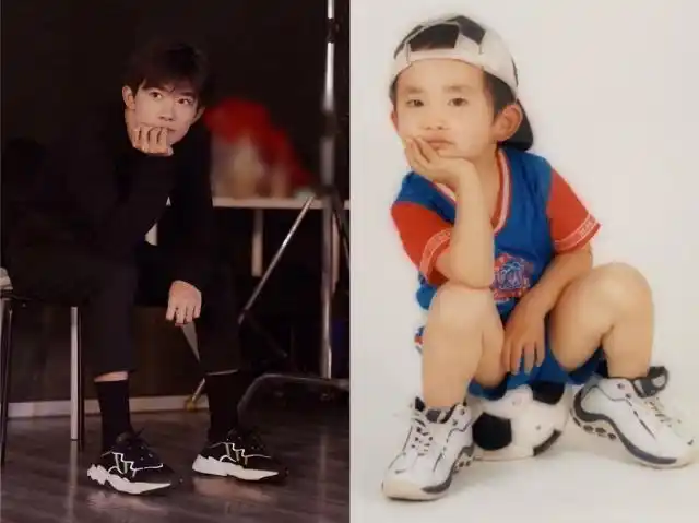 的千玺在工作间隙发呆的图片和千玺自己在社交软件上发的小时候照片