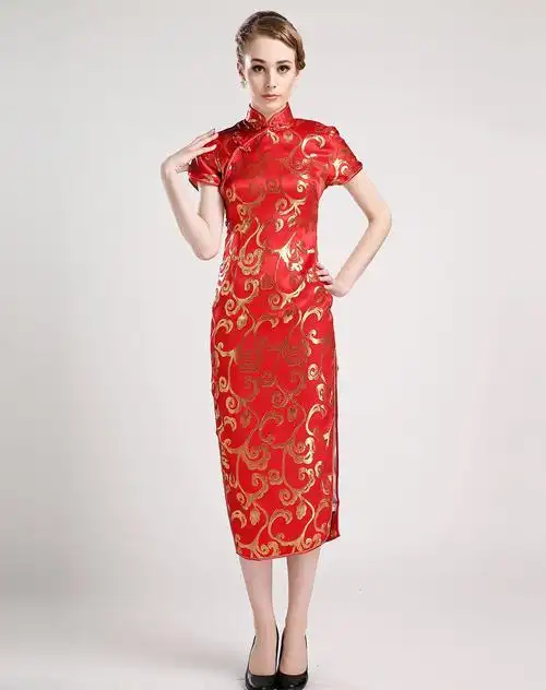 女款大红色祥云真丝短袖旗袍