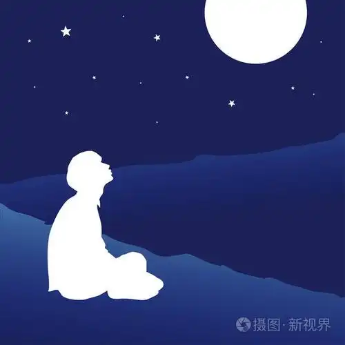 一个男人坐在地板上, 看着在深蓝色背景下的月亮的矢量剪影