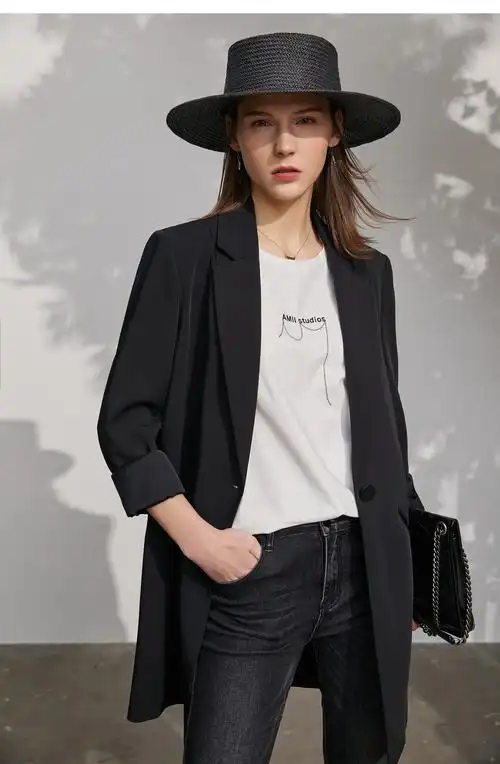 amii极简法式休闲西装外套女2021春秋新款长款翻领黑色白色上装 黑色