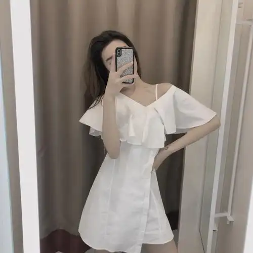 白色露肩吊带气质连衣裙女夏女神范甜美法式初恋儿童泳衣