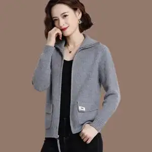 恒源祥羊毛衫女短款宽松大码毛衣外套春秋胖mm针织开衫外搭棒球服