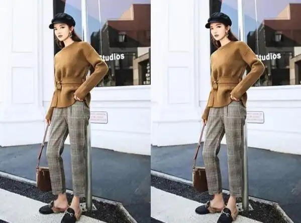 浅卡其色的格子休闲裤