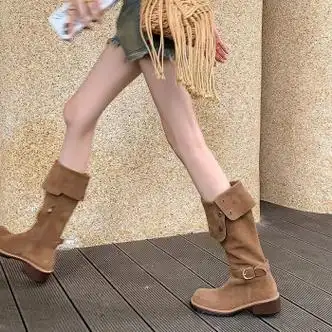 幸栀复古棕色两穿西部靴秋冬新款高筒靴粗跟过膝长靴高筒骑士靴卡其色