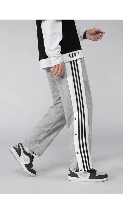 排扣裤男潮流全开扣束脚侧排篮球训练裤纽扣裤运动裤休闲宽松黑色3xl