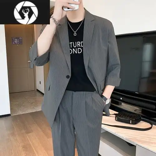hongzun夏季轻熟风七分中袖休闲西服套装男士潮流宽松小西装外套高级