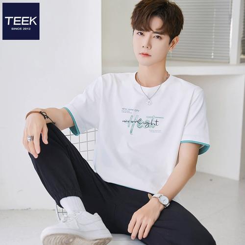 teek假两件纯棉短袖t恤男生2024夏季新款青少年学生帅气男装上衣