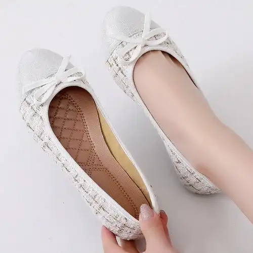 老北京布鞋蝴蝶结女单鞋小香风平底鞋浅口软底鞋女鞋格子拼色时尚