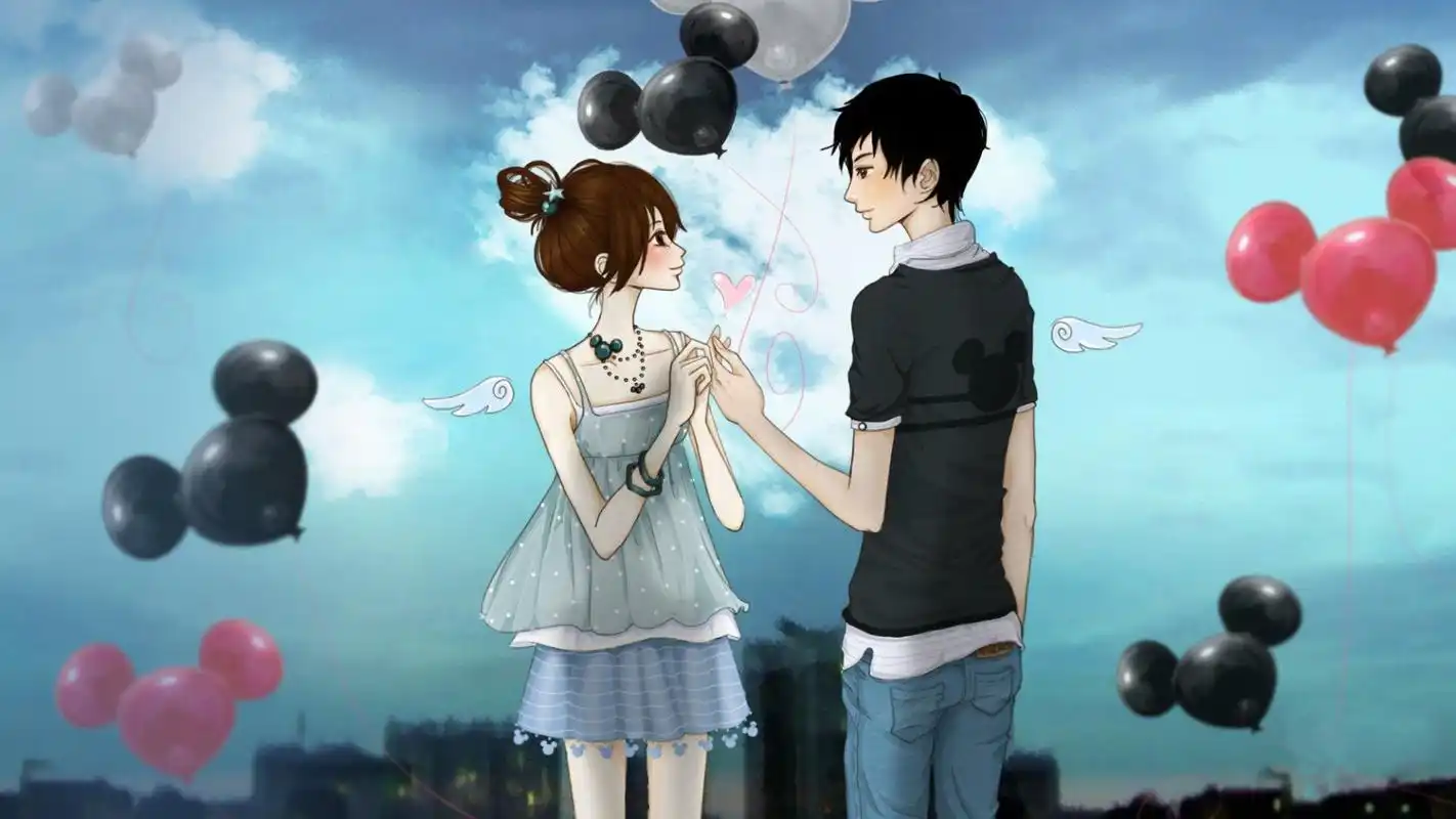 米奇气球下的唯美浪漫卡通情侣图片桌面壁纸下载