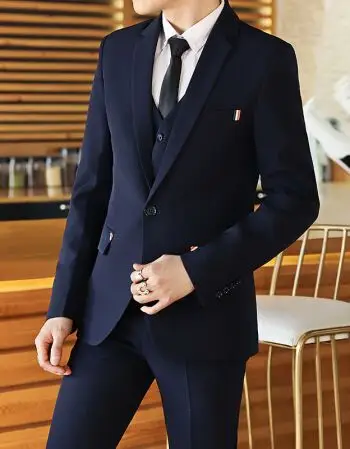 男青少年小西装修身款休闲职业装纯色西服三件套装结婚礼服 藏青色 xl