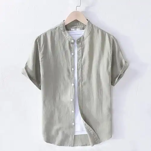 夏季纯色短袖亚麻衬衫男日复古立领时尚文艺衬衫
