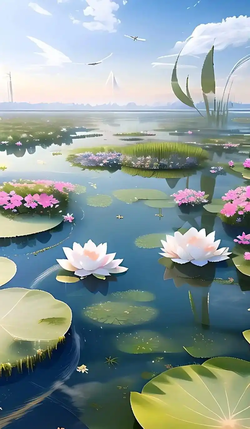 蓝天白云下的池塘荷花娇艳欲滴朵朵盛开,不同的颜色,天空鸟儿飞 - 抖