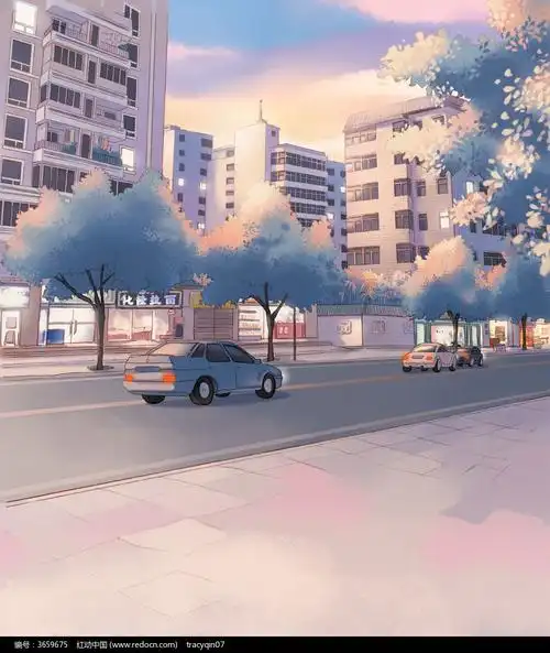 傍晚夕阳下的街道psd分层动漫背景