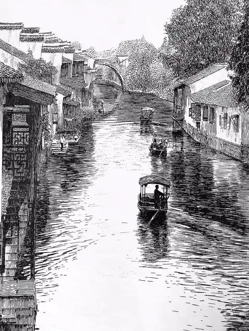 马国斌钢笔画江南水乡古镇风光