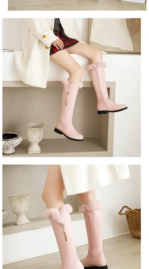 女童长靴子白色公主冬靴皮靴儿童棉靴中大童高筒靴女孩过膝长筒靴8-14