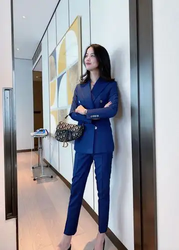 2020新款藏蓝色格双排修身西装套装气质显瘦西装