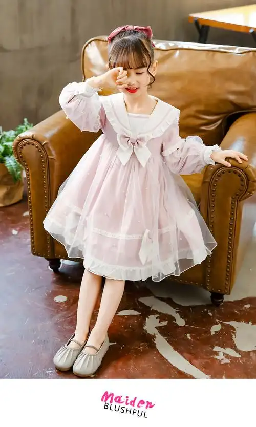 女童洛丽塔公主裙拼接款连衣裙秋季棉布萝莉裙子儿童lolita纱裙 蓝色