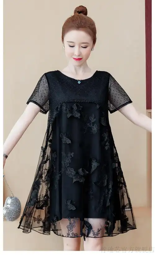 裙子夏天微胖长裙大妈款连衣裙中年气质夏装黑色小个子蕾丝大码遮肚显