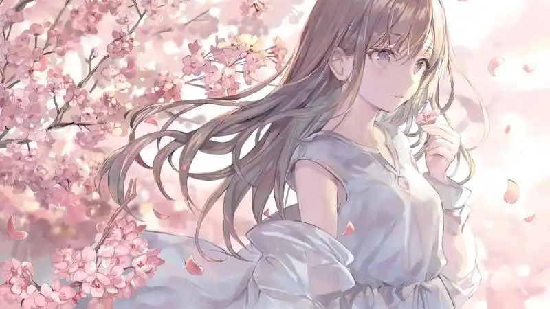 樱花茶色长发白连衣裙女生唯美4k高清动漫壁纸3440x1440